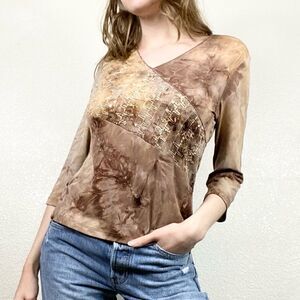 Vintage y2k Brown Tie Dye Sequin Embroidered Surplice Top